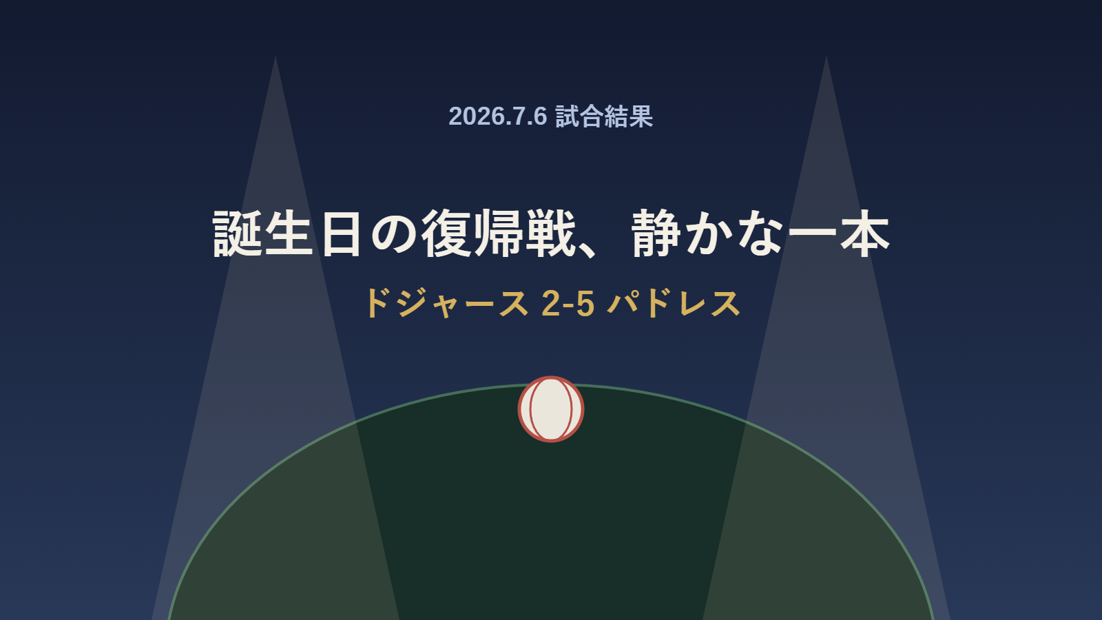 夕暮れの球場とバットのイメージ(7月6日ドジャース対パドレス試合結果)(実在選手の顔・球団ロゴ・背番号なし)