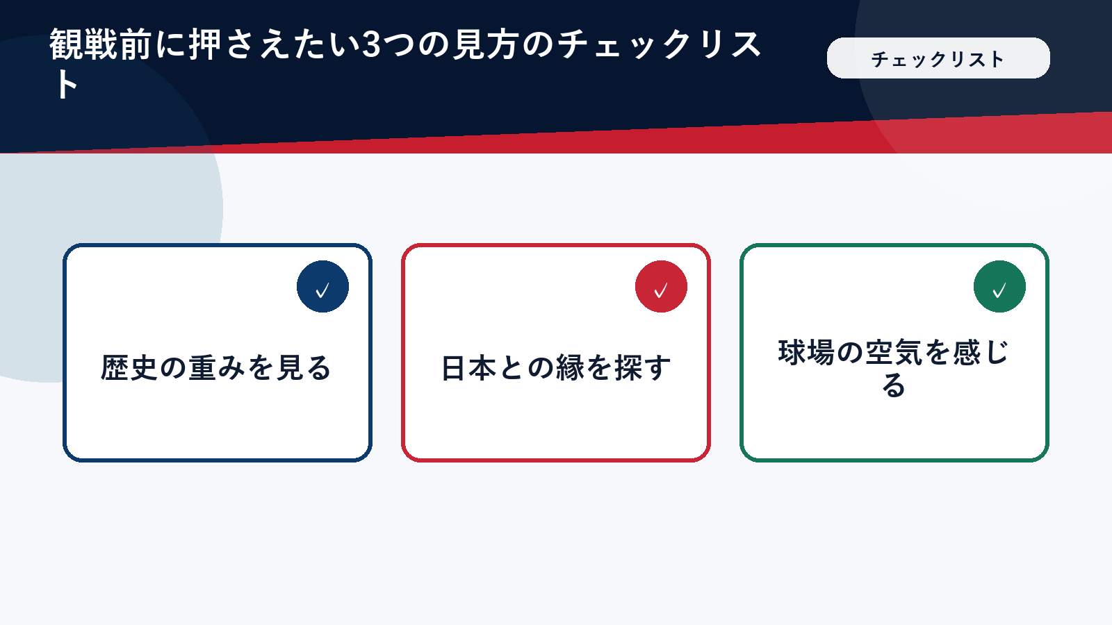 ドジャース対カージナルス観戦の3つの楽しみ方をまとめたチェックリスト図解