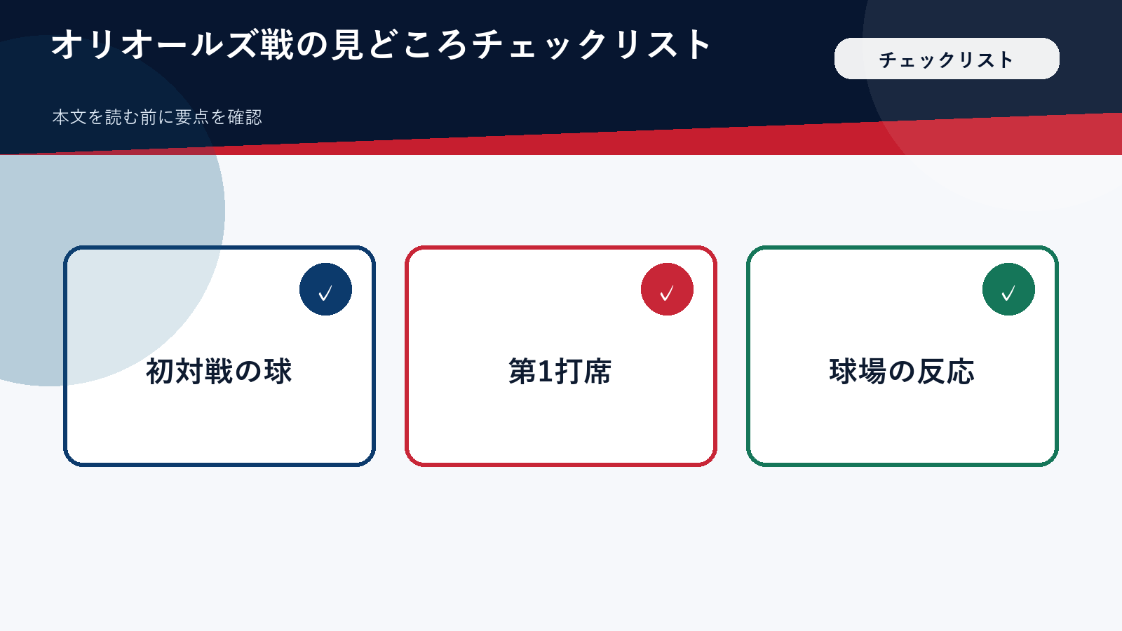 オリオールズ戦の見どころチェックリスト（顔・ロゴ・背番号は入れない）