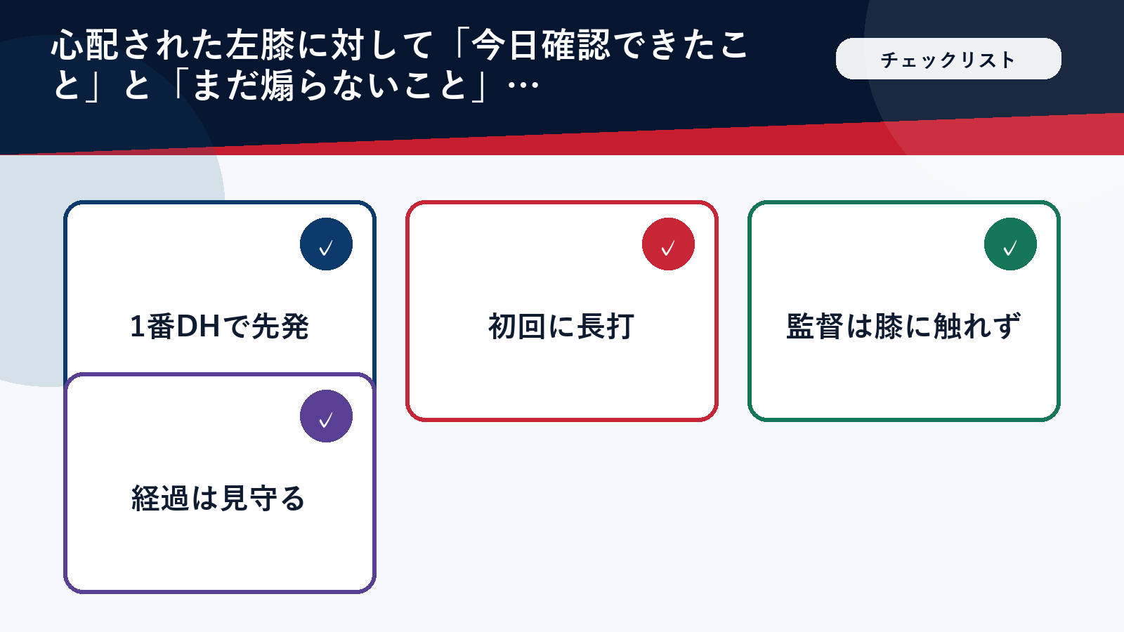 大谷翔平の左膝について今日わかったことを冷静に整理したチェックリスト図