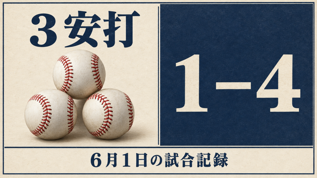 ３安打とチームの１対４の敗戦を示す試合記録
