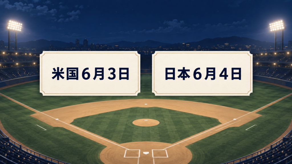 米国６月３日と日本６月４日は同じ登板試合を指します。