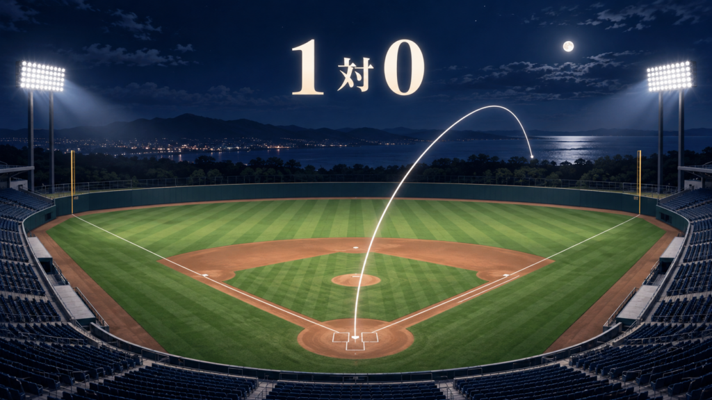夜の野球場に1対0のスコアと本塁打の軌道