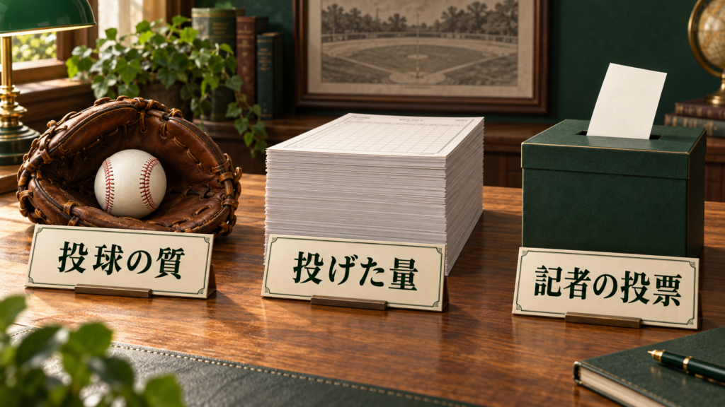 投球の質・投げた量・記者の投票の三要素を野球道具と投票用紙で示す図。