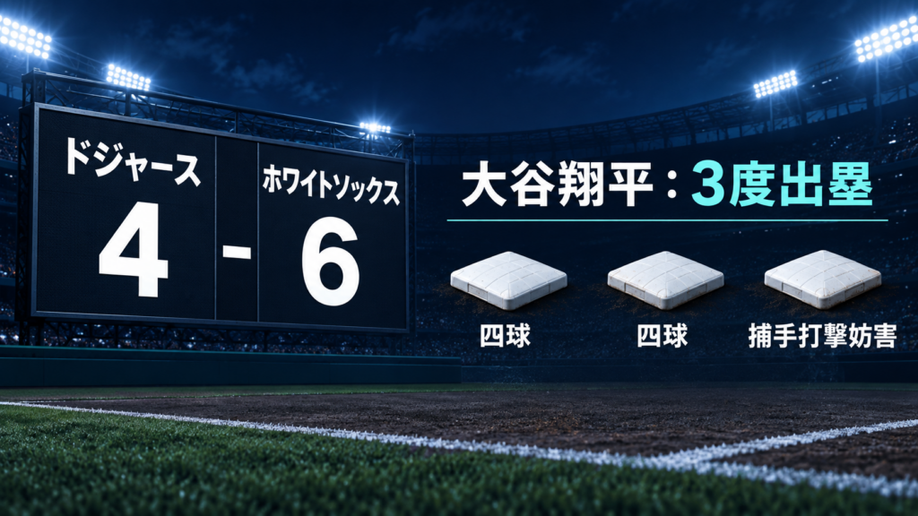 ドジャース四対六、無安打でも三度出塁を示す試合結果図