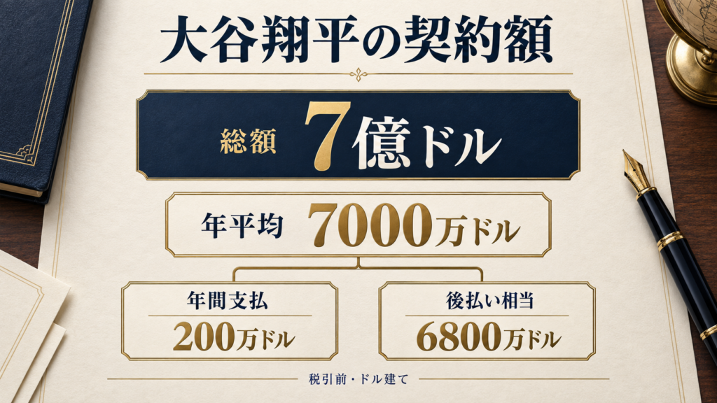 大谷翔平の契約総額と年平均、当期支払いと後払いを分ける図