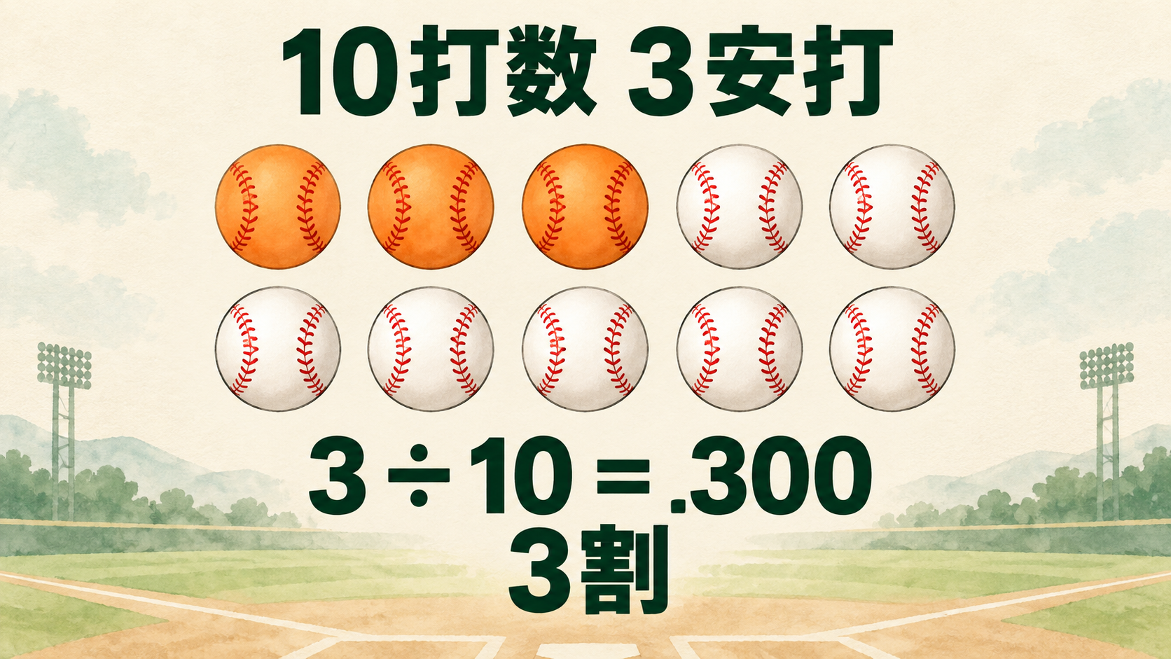 10個のボールのうち3個を色分けし、3÷10=.300を示した打率3割の図