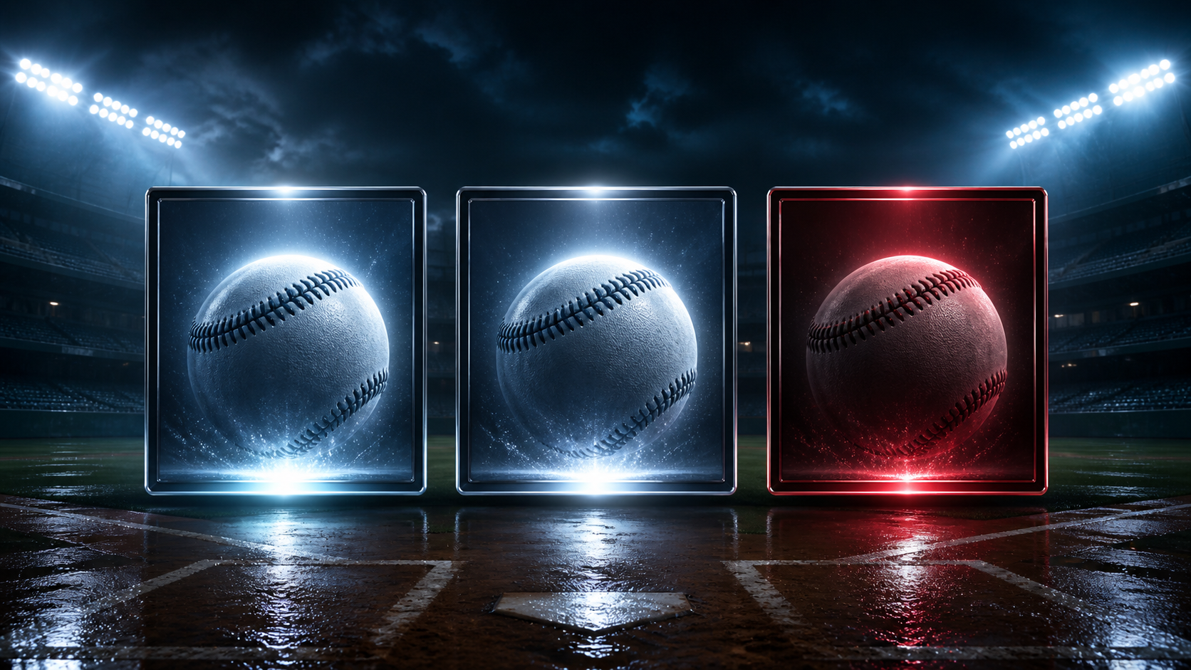 雨上がりの夜の球場と三つの試合パネルで表した2026年ドジャース対ヤンキース3連戦