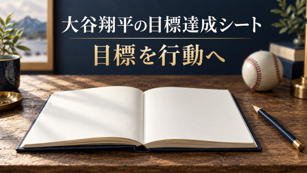 ノートと鉛筆、野球ボールを添えた目標達成シートの案内