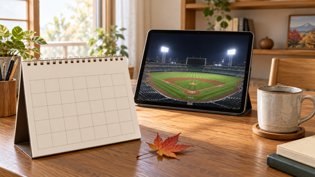 日本の部屋で秋のMLB観戦日を確認するカレンダーと球場のイメージ