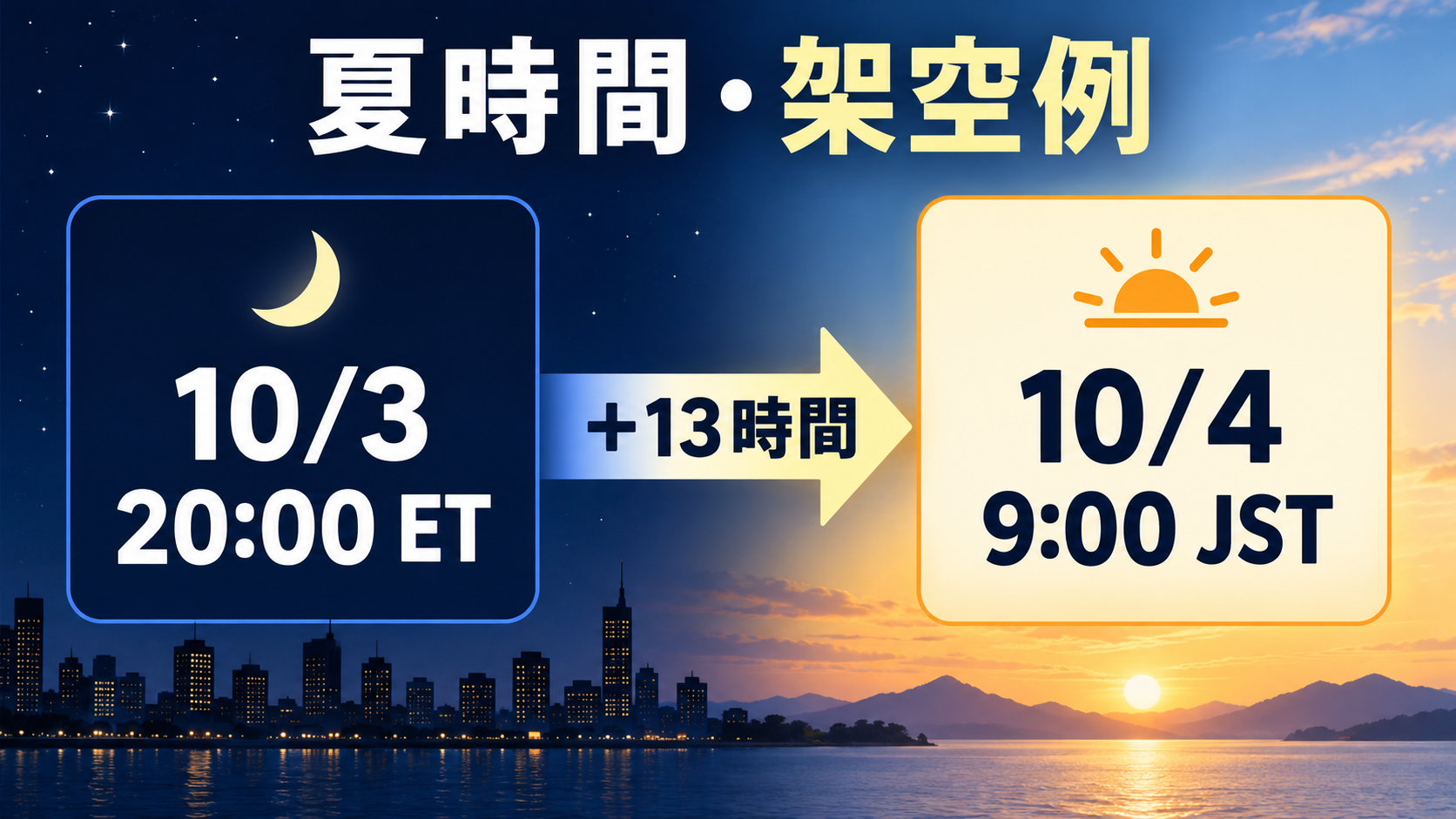 夏時間の東部午後8時が日本では翌朝9時となる架空の換算例