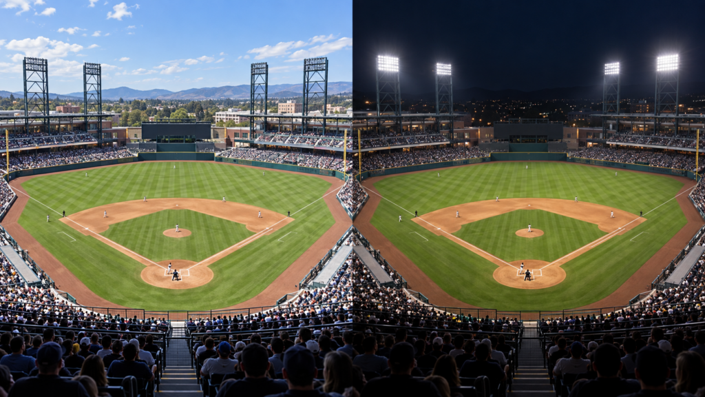 昼と夜に2試合を行うMLBダブルヘッダーのイメージ