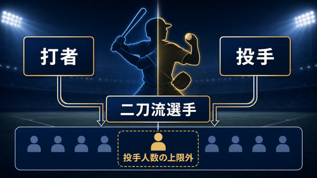 MLBの二刀流選手が打者と投手を兼ねて投手人数上限の外に置かれる図