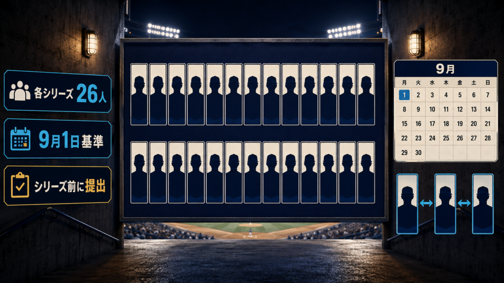 MLBポストシーズンの26人ロースターと9月1日基準を示す図