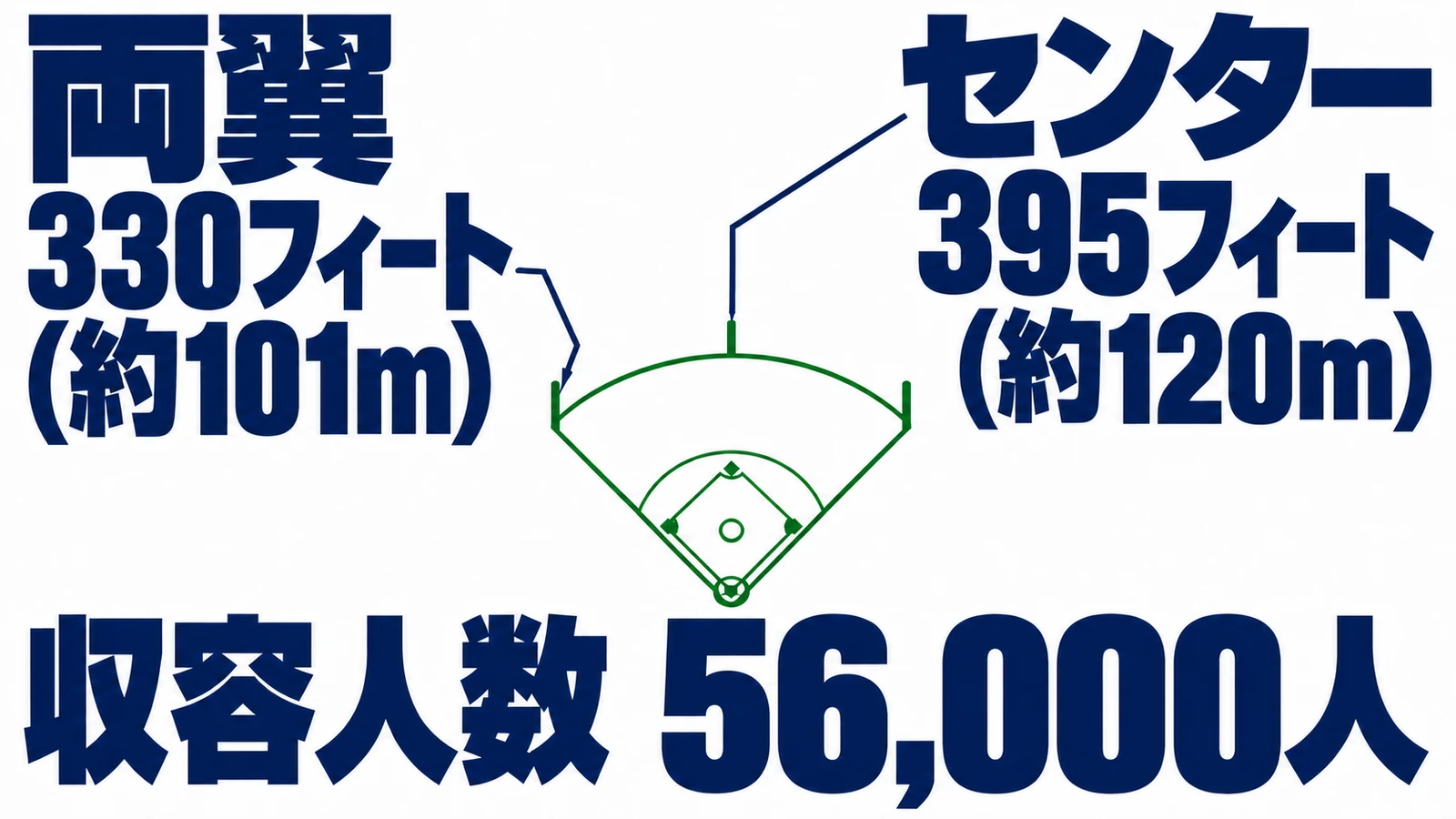 両翼 330フィート(約101m)・センター 395フィート(約120m)・収容人数 56,000人
