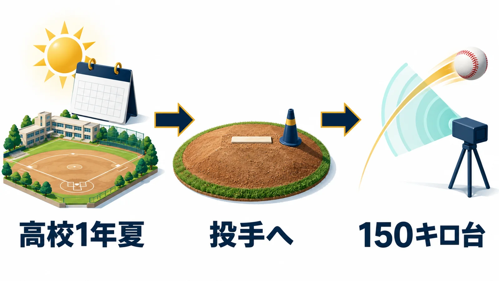 高校1年夏以降に投手へ転向し、高校時代に150キロ台へ成長した流れ