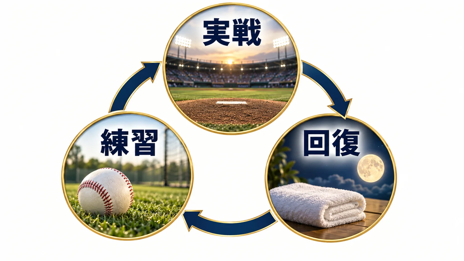 練習、実戦、回復を矢印でつなぐ循環