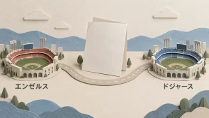 二つの球場を結ぶ道と契約書の移籍イメージ