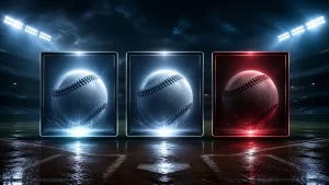 雨上がりの夜の球場と三つの試合パネルで表した2026年ドジャース対ヤンキース3連戦