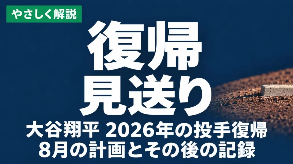 「やさしく解説」「復帰見送り」「大谷翔平 2026年の投手復帰 8月の計画とその後の記録」と書かれた画像。